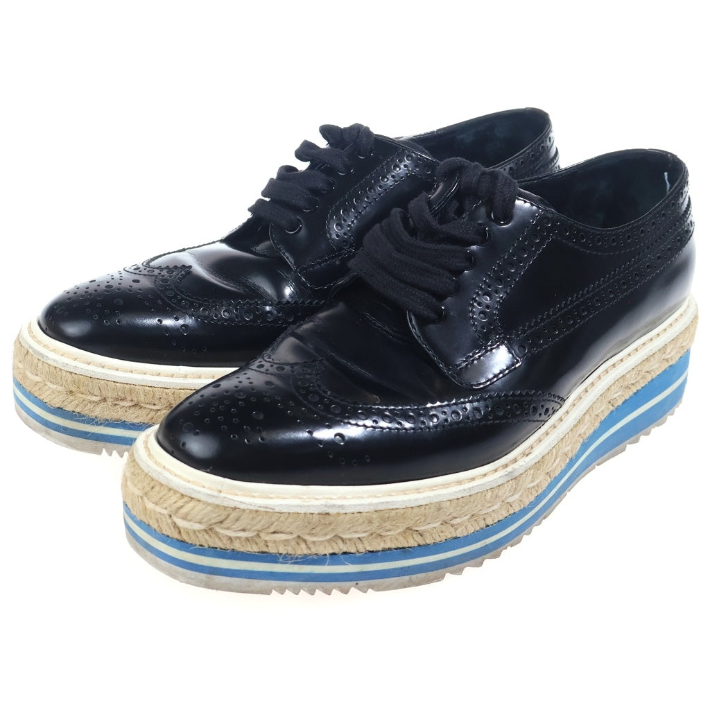 PRADA(プラダ) ウィングチップ エスパドリーユ レザーシューズ ブラック×ブルー #36 レディース