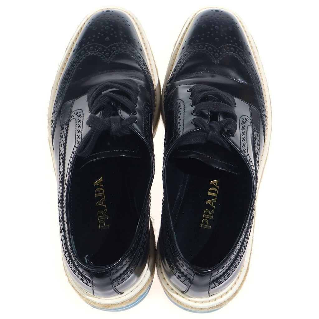 PRADA(プラダ) ウィングチップ エスパドリーユ レザーシューズ ブラック×ブルー #36 レディース
