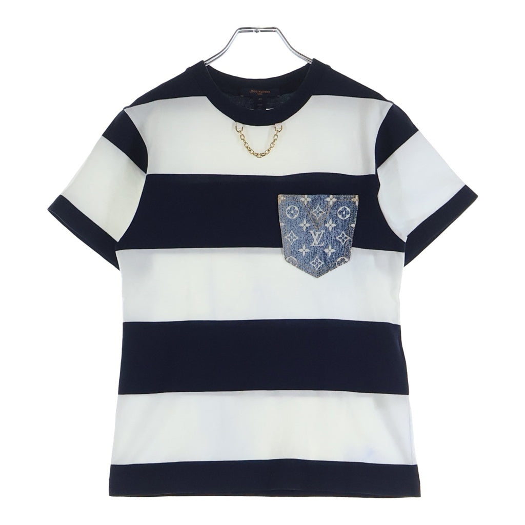 LOUIS VUITTON(ルイヴィトン) 22SS モノグラムチェーン ボーダー総柄 半袖Tシャツ カットソー ネイビー/ホワイト RW221J LO7 FMTS13