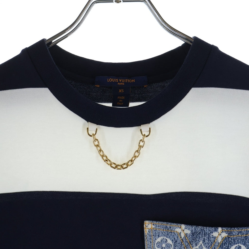LOUIS VUITTON(ルイヴィトン) 22SS モノグラムチェーン ボーダー総柄 半袖Tシャツ カットソー ネイビー/ホワイト RW221J LO7 FMTS13