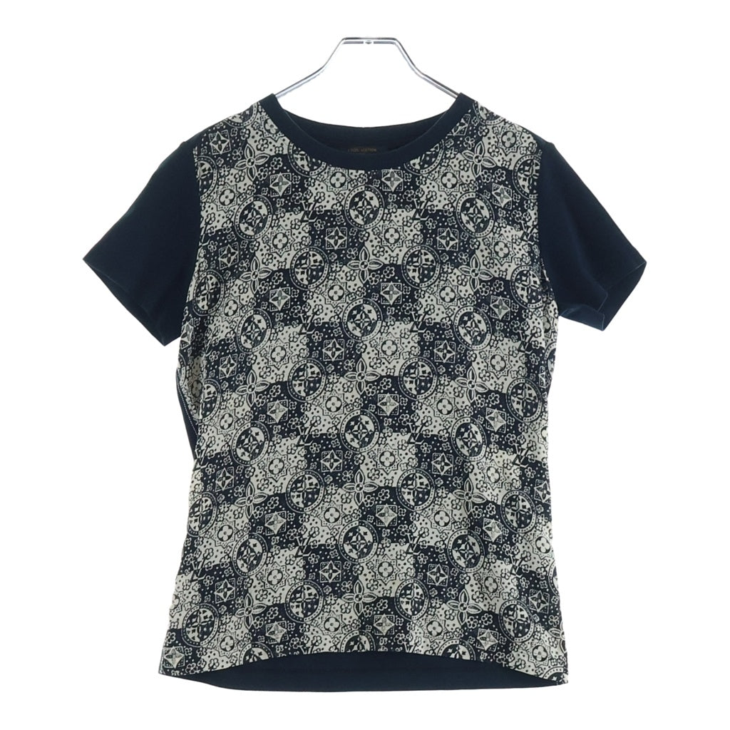 LOUIS VUITTON(ルイヴィトン) モノグラム 総柄プリント クルーネック シルク切り替え 半袖Tシャツ カットソー ネイビー/ホワイト FATS07Q1R レディース