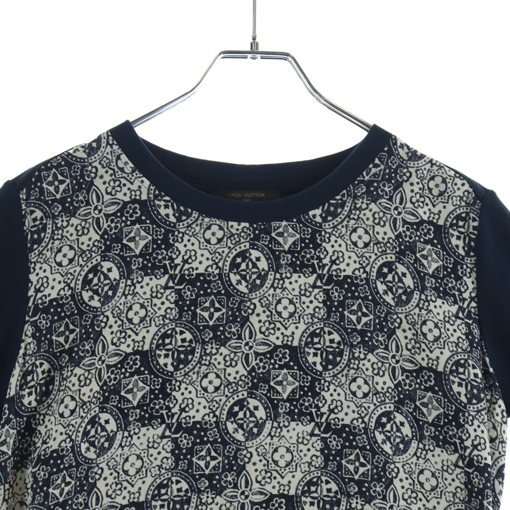 LOUIS VUITTON(ルイヴィトン) モノグラム 総柄プリント クルーネック シルク切り替え 半袖Tシャツ カットソー ネイビー/ホワイト FATS07Q1R レディース