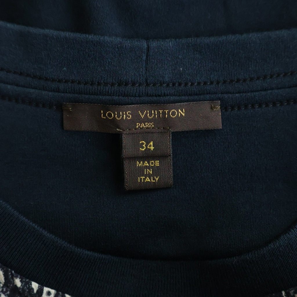 LOUIS VUITTON(ルイヴィトン) モノグラム 総柄プリント クルーネック シルク切り替え 半袖Tシャツ カットソー ネイビー/ホワイト FATS07Q1R レディース