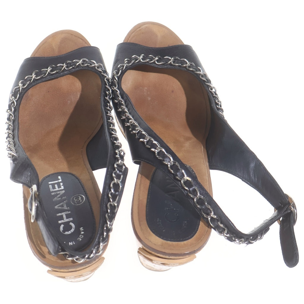 CHANEL(シャネル) ココマーク チェーン装飾 ウェッジソールサンダル レザー コルクソール ブラック/ブラウン レディース