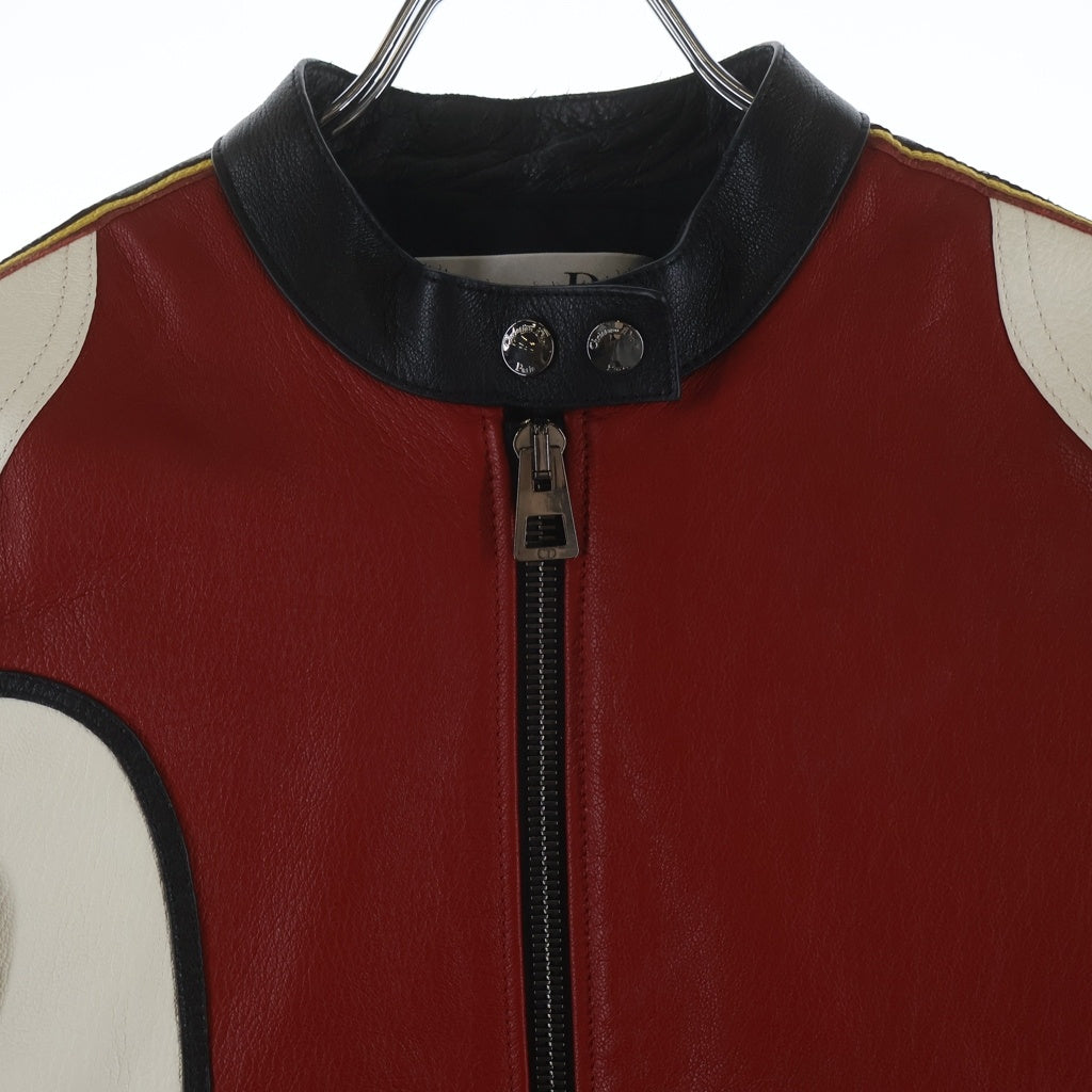 Christian Dior(クリスチャンディオール) アームロゴ バイカー レーシング レザー ジップアップ ジャケット レッド/ホワイト 525V80A2012