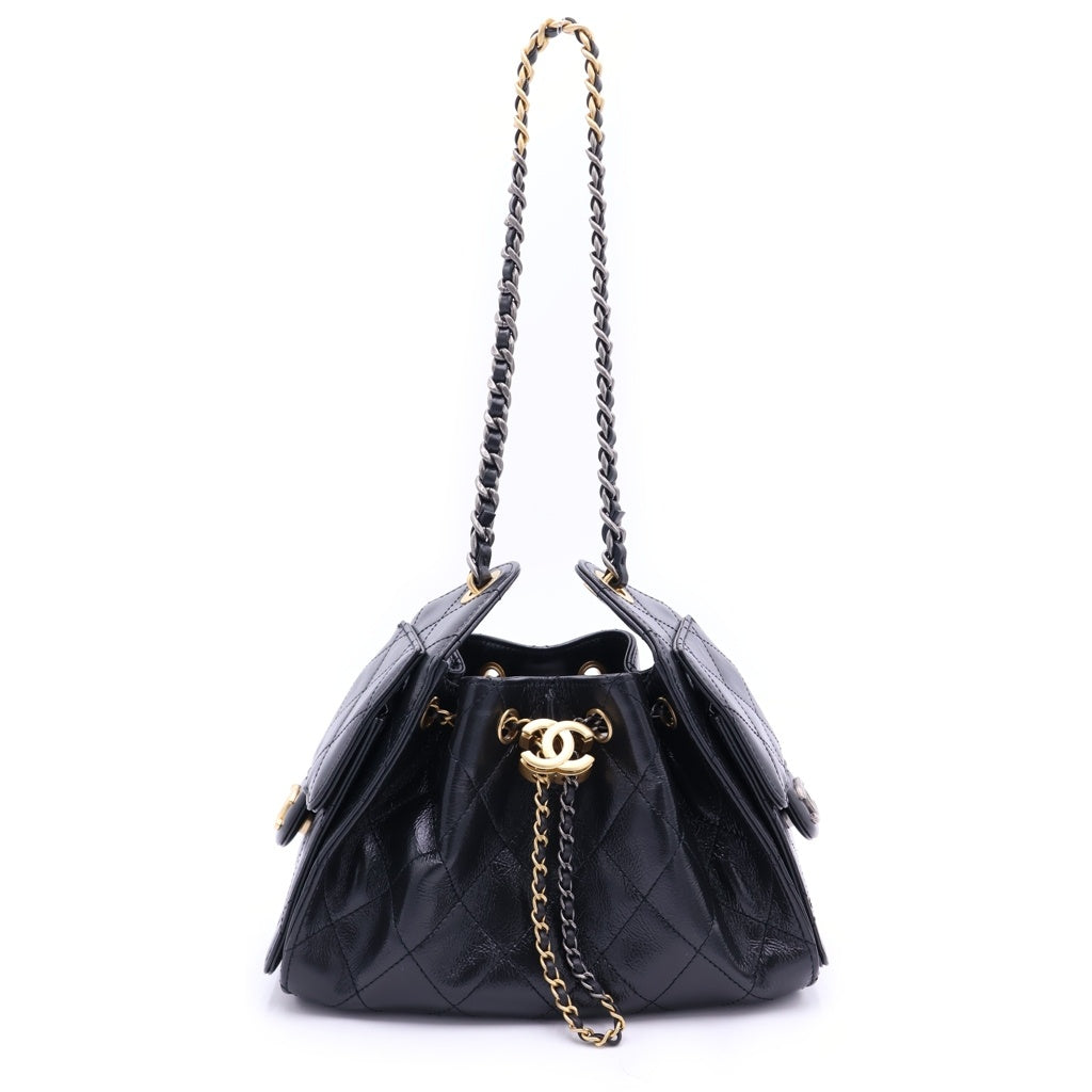 CHANEL(シャネル) シャネル25 ミニ カーフスキン レザー チェーン ショルダーバッグ シルバー/ゴールド金具 ブラック AS5631 レディース