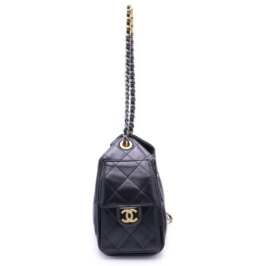 CHANEL(シャネル) シャネル25 ミニ カーフスキン レザー チェーン ショルダーバッグ シルバー/ゴールド金具 ブラック AS5631 レディース