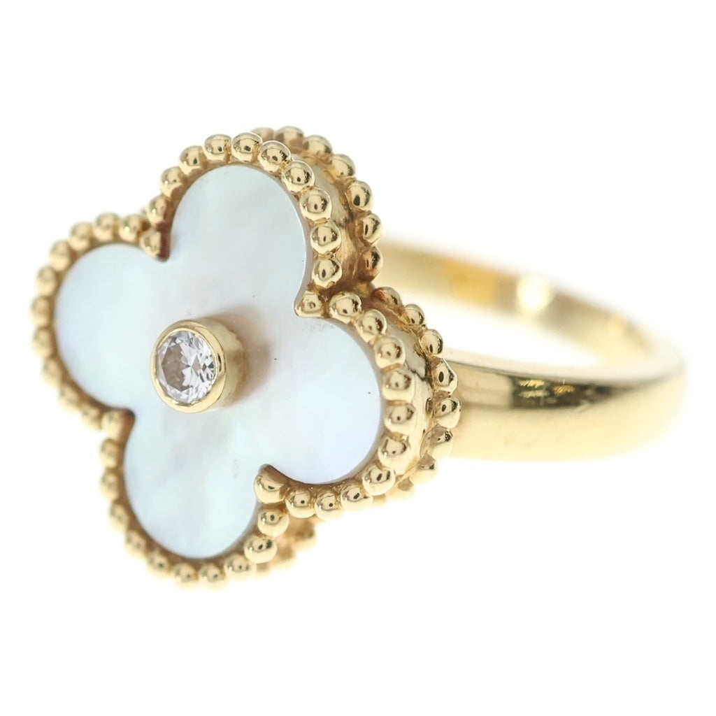 Van Cleef & Arpels(ヴァンクリーフアンドアーペル) ヴィンテージアルハンブラ マザーオブパール 1Pダイヤ リング ホワイト×イエローゴールド 750YG #48 レディース