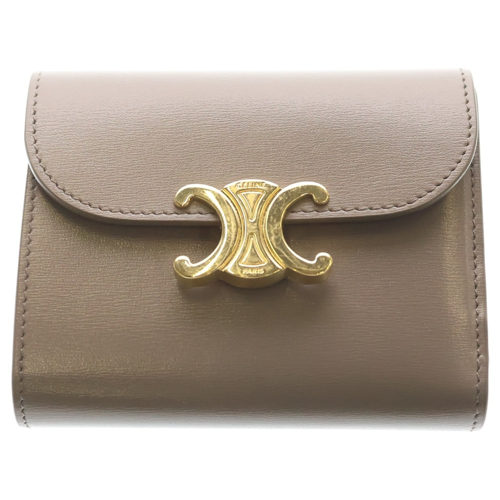 CELINE(セリーヌ) トリオンフ スモールフラップウォレット コンパクトウォレット 三つ折り財布 グレージュ レザー ゴールド金具 レディース
