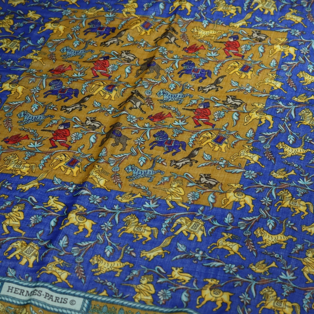 HERMES(エルメス) カレ140 インドの狩猟 カシミヤスカーフ ブルー レディース
