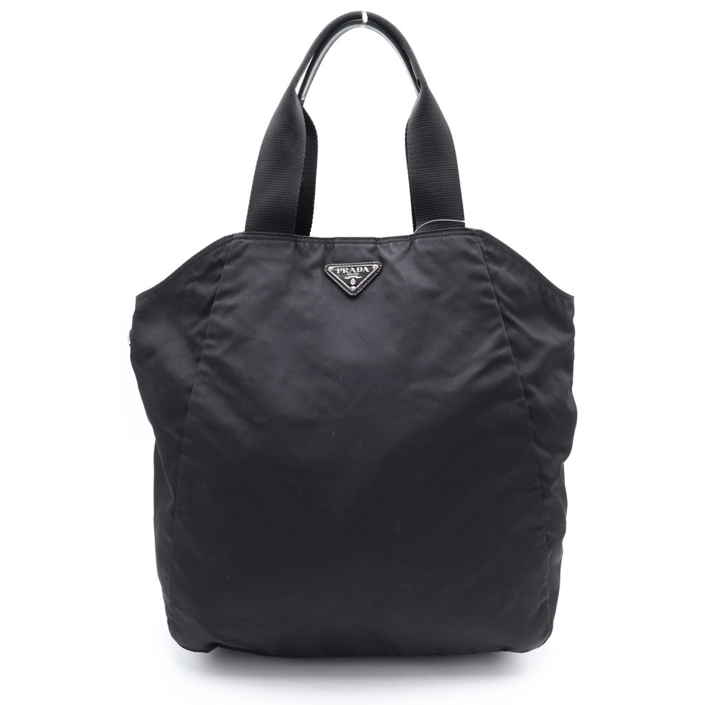 PRADA(プラダ) ロゴ三角プレート トートバッグ ハンドバッグ ブラック テスートナイロン シルバー金具 レディース