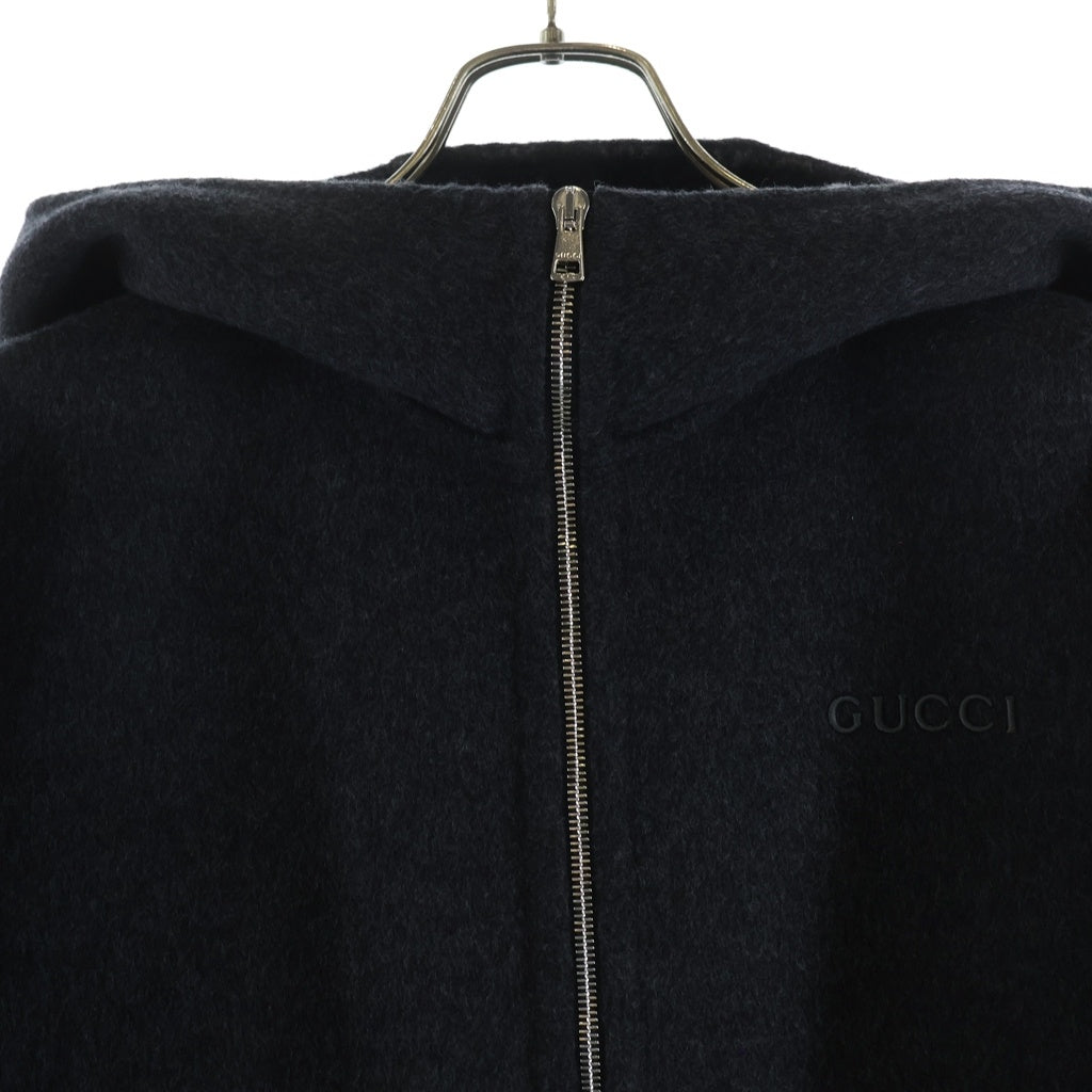GUCCI(グッチ) 25AW ロゴ刺繍 シルク混ウール ジップアップ フーデッド ジャケット グレー 808884