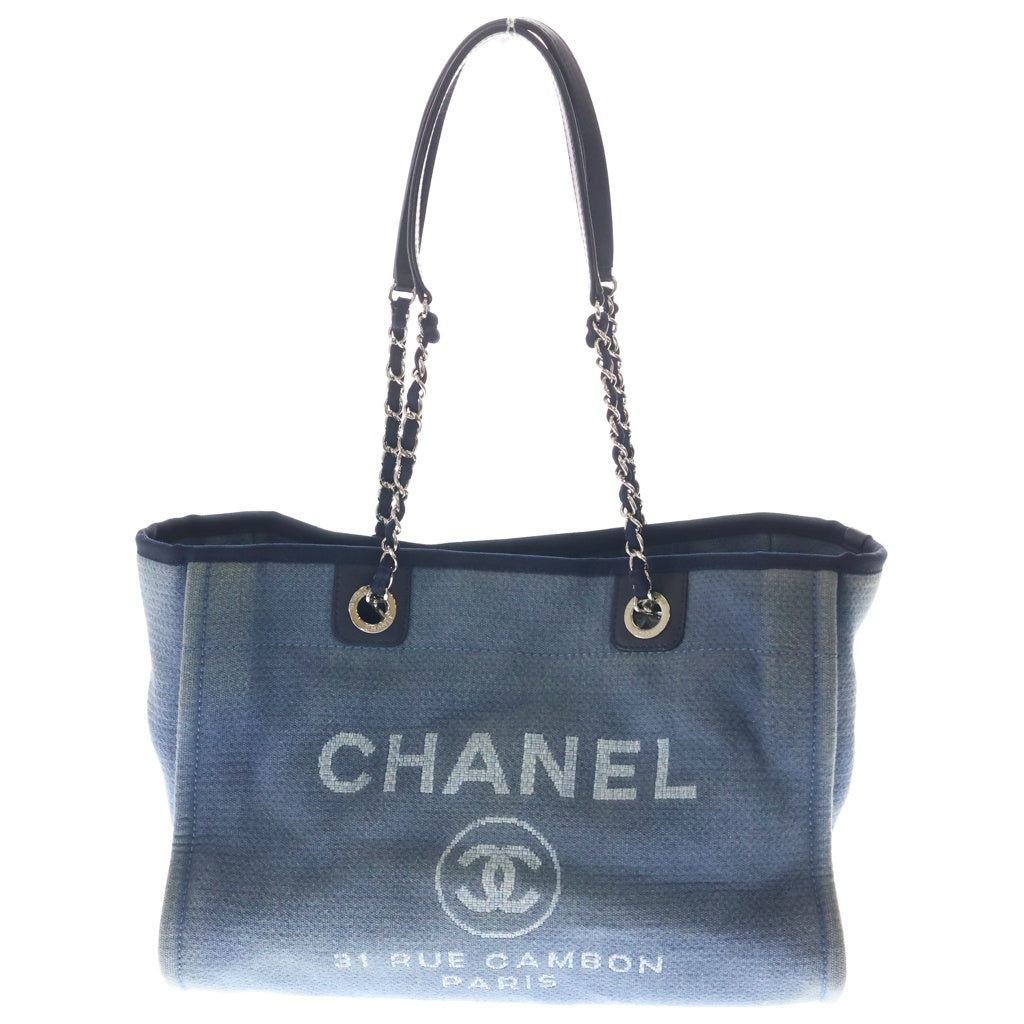 CHANEL(シャネル) ドーヴィルMM キャンバス デニム シルバー金具 チェーン トートバッグ ハンドバッグ ショルダーバッグ ブルー レディース