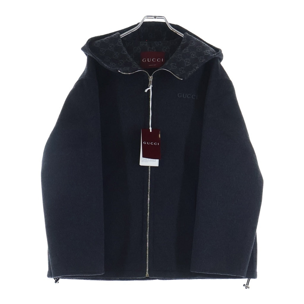 GUCCI(グッチ) 25AW ロゴ刺繍 シルク混 ウール ジップアップ フーデッド ジャケット グレー 808884