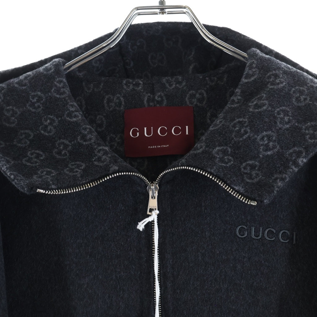 GUCCI(グッチ) 25AW ロゴ刺繍 シルク混 ウール ジップアップ フーデッド ジャケット グレー 808884