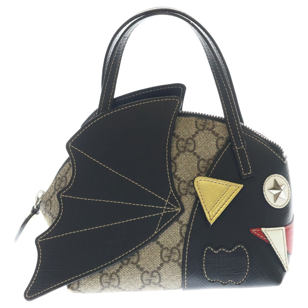 GUCCI(グッチ) チルドレンズ GGスプリーム ハンドバッグ ブラック×ベージュ レザー×PVC 525521 シルバー金具 レディース