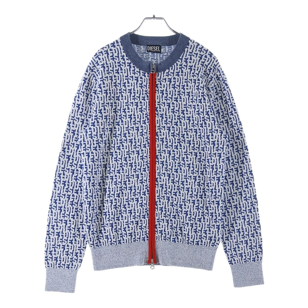DIESEL(ディーゼル) 23SS ロゴ 総柄 ジャガード レーヨン×コットン ダブルジップ ニット カーディガン #S ブルー/ホワイト