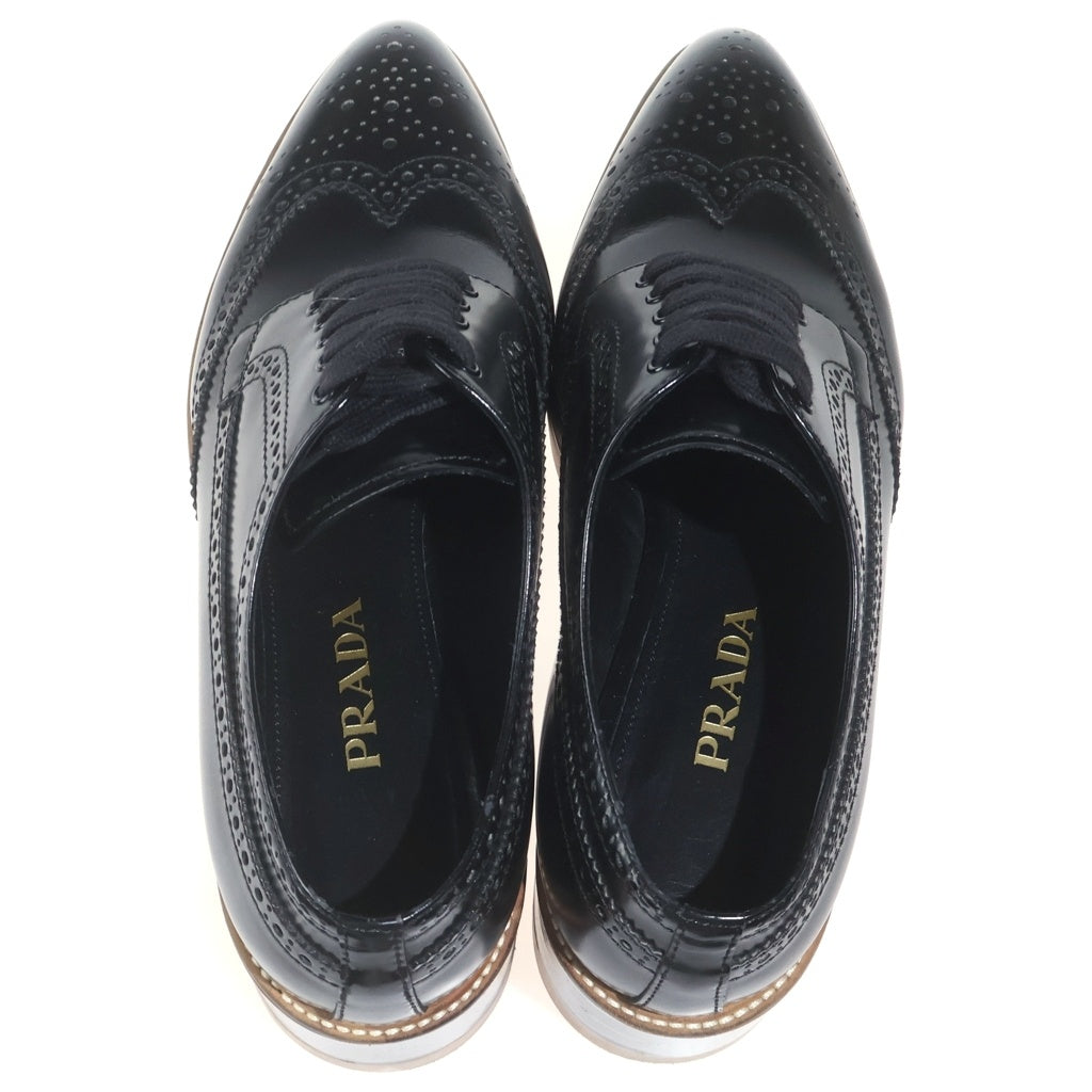 PRADA(プラダ) ウィングチップ メダリオン 厚底 プラットフォーム レザー レースアップ ドレス シューズ ブラック レディース