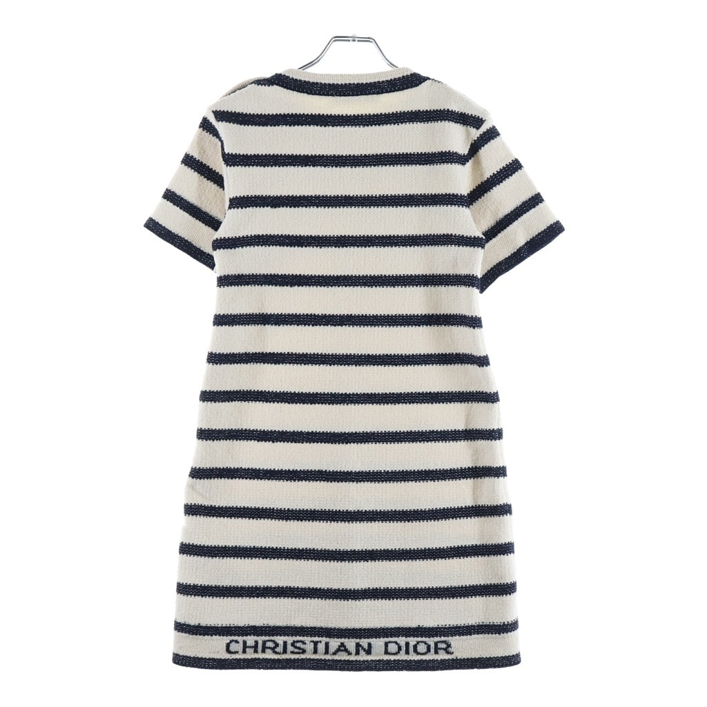 Christian Dior(クリスチャンディオール) 23SS ボーダー ストライプ コットン×ウール 半袖 ワンピース #34 ホワイト/ネイビー 314R14AM726 レディース