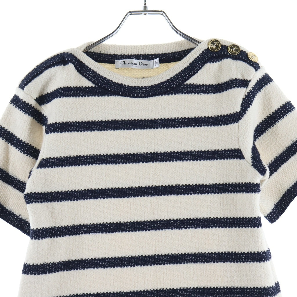 Christian Dior(クリスチャンディオール) 23SS ボーダー ストライプ コットン×ウール 半袖 ワンピース #34 ホワイト/ネイビー 314R14AM726 レディース