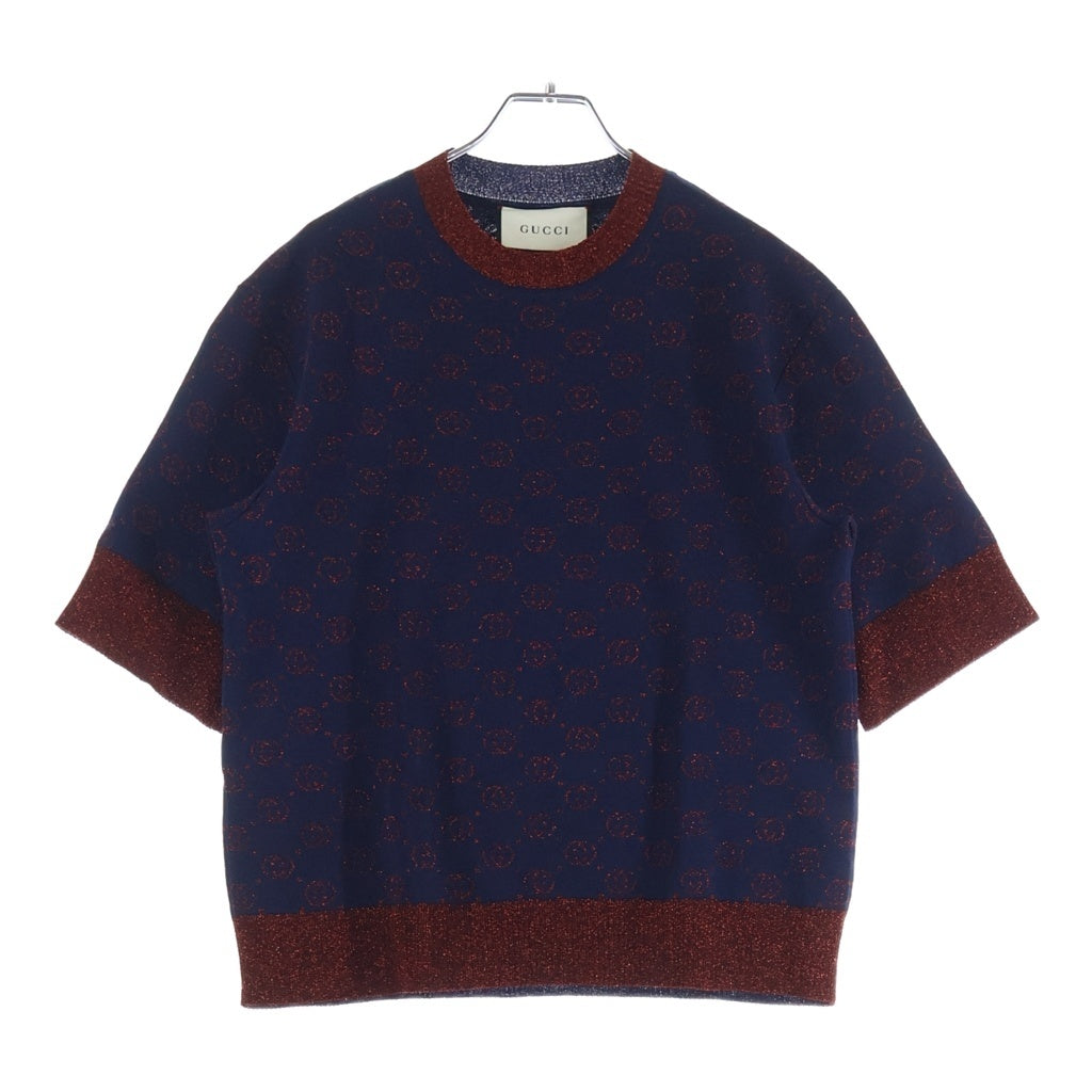 GUCCI(グッチ) GG総柄 インターロッキングG ウール×ポリエステル 半袖 ラメ ニット ショートスリーブド セーター#XXS ネイビー/レッド 605920 レディース