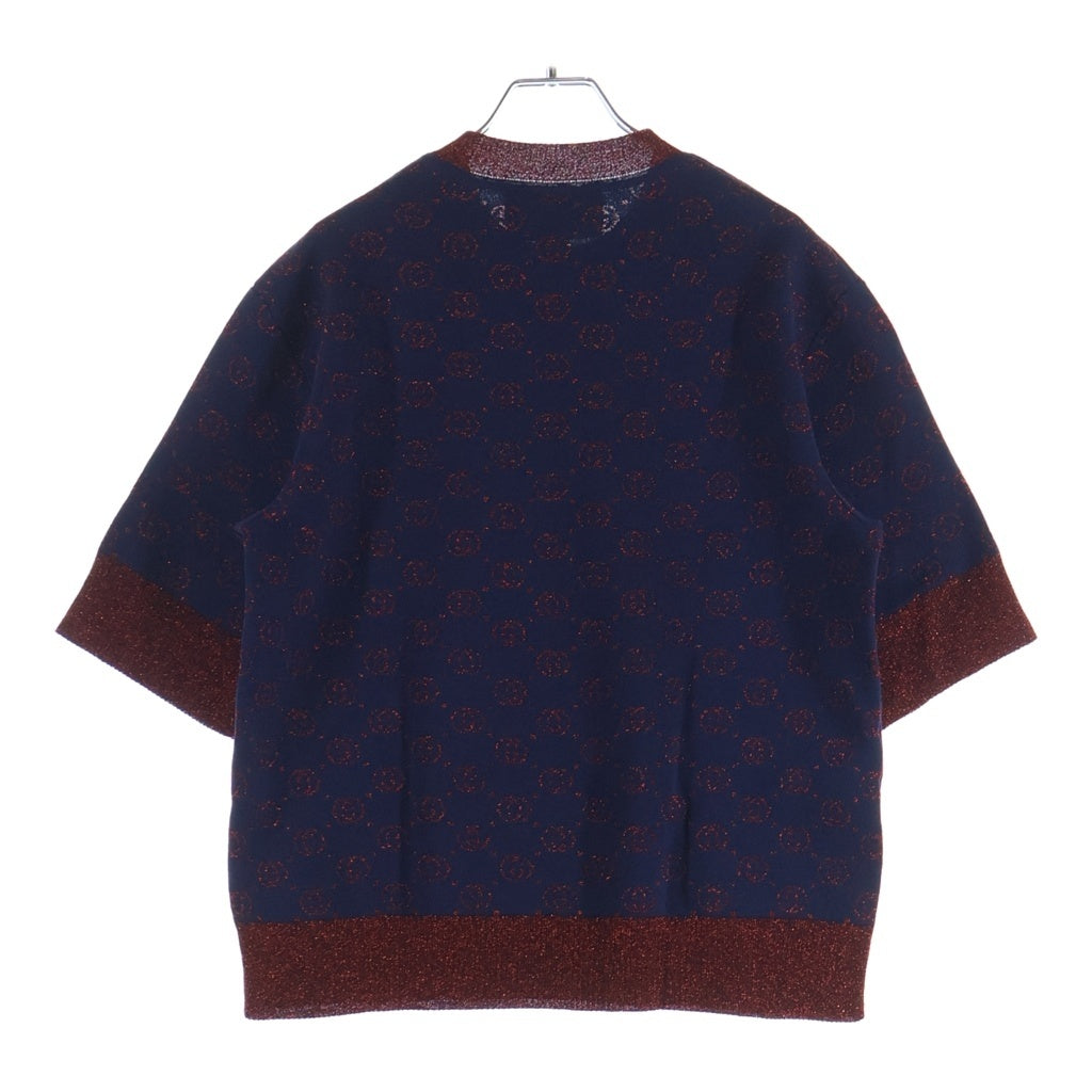GUCCI(グッチ) GG総柄 インターロッキングG ウール×ポリエステル 半袖 ラメ ニット ショートスリーブド セーター#XXS ネイビー/レッド 605920 レディース