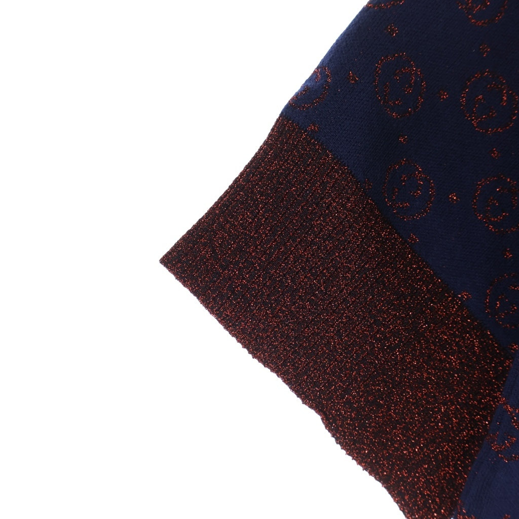 GUCCI(グッチ) GG総柄 インターロッキングG ウール×ポリエステル 半袖 ラメ ニット ショートスリーブド セーター#XXS ネイビー/レッド 605920 レディース