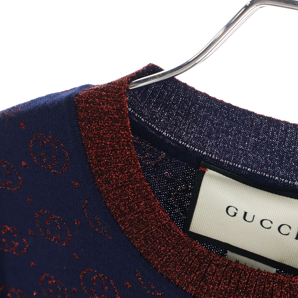 GUCCI(グッチ) GG総柄 インターロッキングG ウール×ポリエステル 半袖 ラメ ニット ショートスリーブド セーター#XXS ネイビー/レッド 605920 レディース