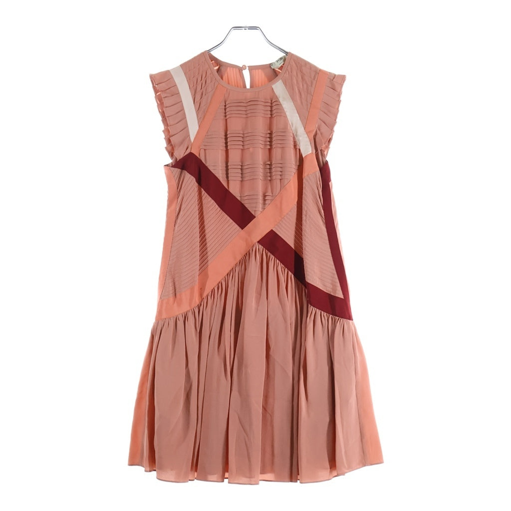 FENDI(フェンディ) シルク プリーツ 切替 半袖 ワンピース ドレス #36 ピンク レディース