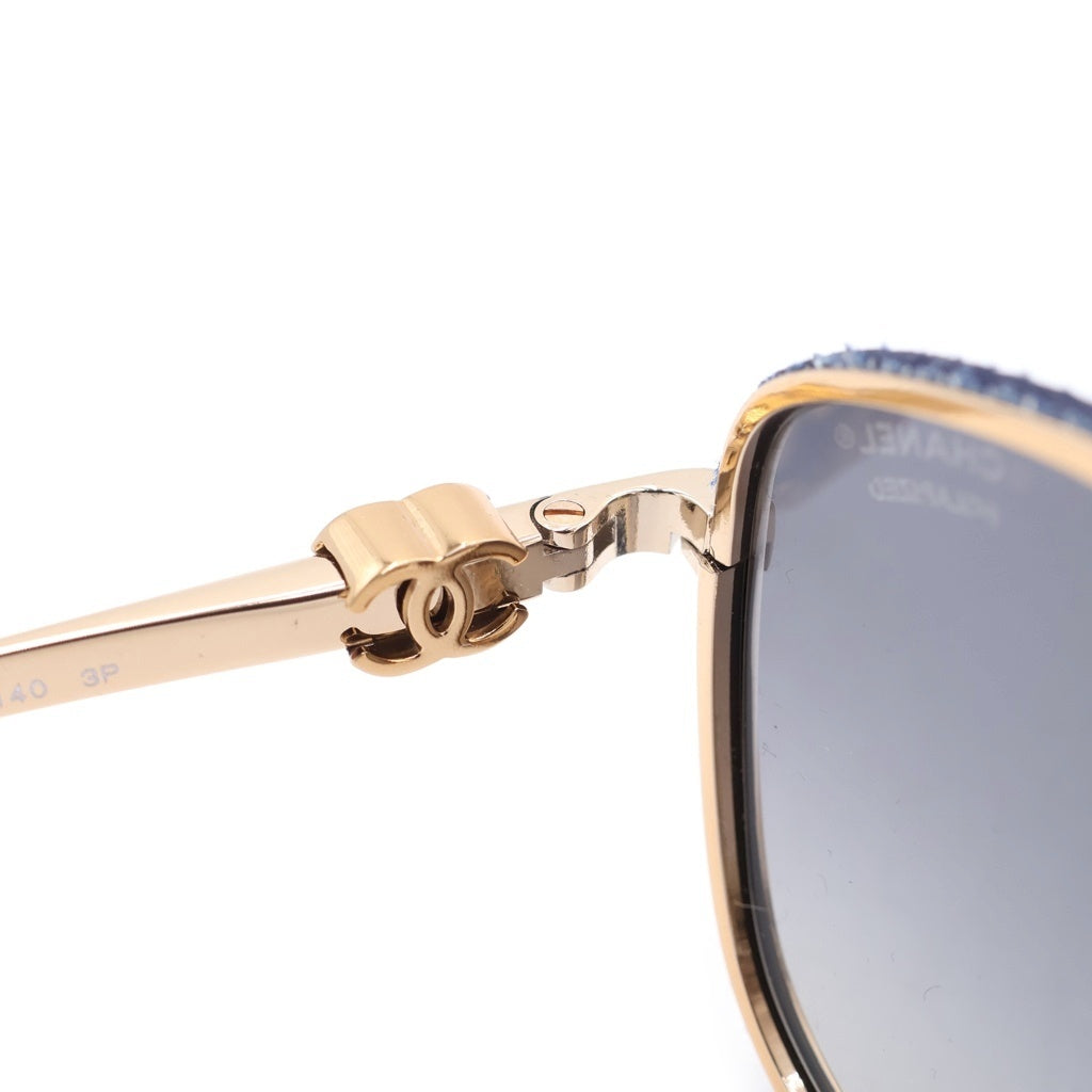 CHANEL(シャネル) ココマーク パイロットシェイプ カーフスキン/デニム サングラス アイウェア 56□18 ゴールド/ブルー 4290-Q レディース