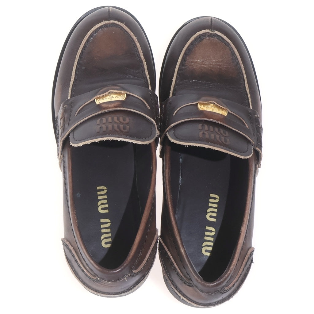 miumiu(ミュウミュウ) コインペニー レザー ラバー ゴールド金具 ローファー フラットシューズ #37 ブラウン レディース