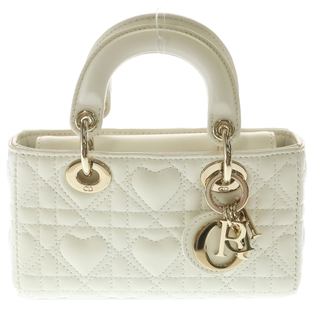 Christian Dior(クリスチャンディオール) レディ D-ジョイ マイクロ 2WAYハンドバッグ ミニバッグ チェーンショルダーバッグ アイボリー レザー ゴールド金具 レディース