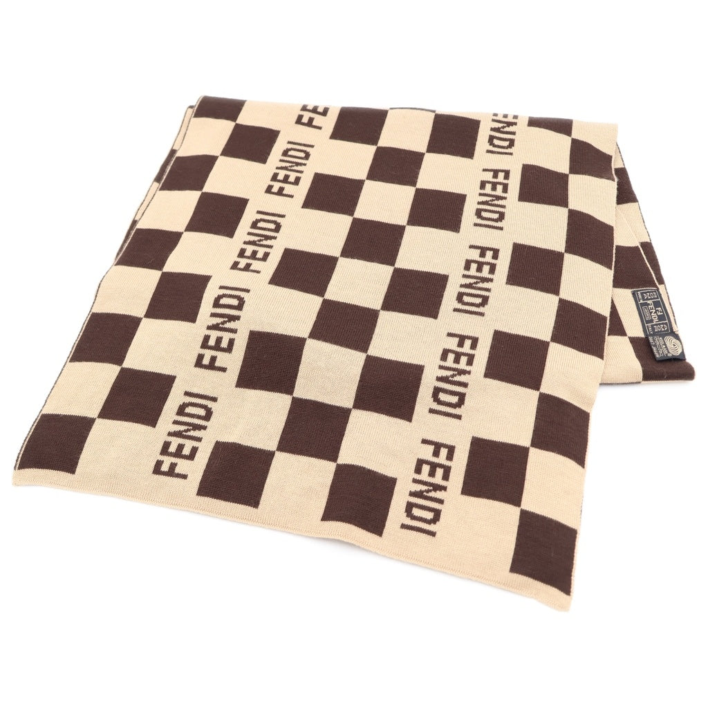 FENDI(フェンディ) ロゴ ブロックチェック総柄ジャガード ニット マフラー ブラウン レディース