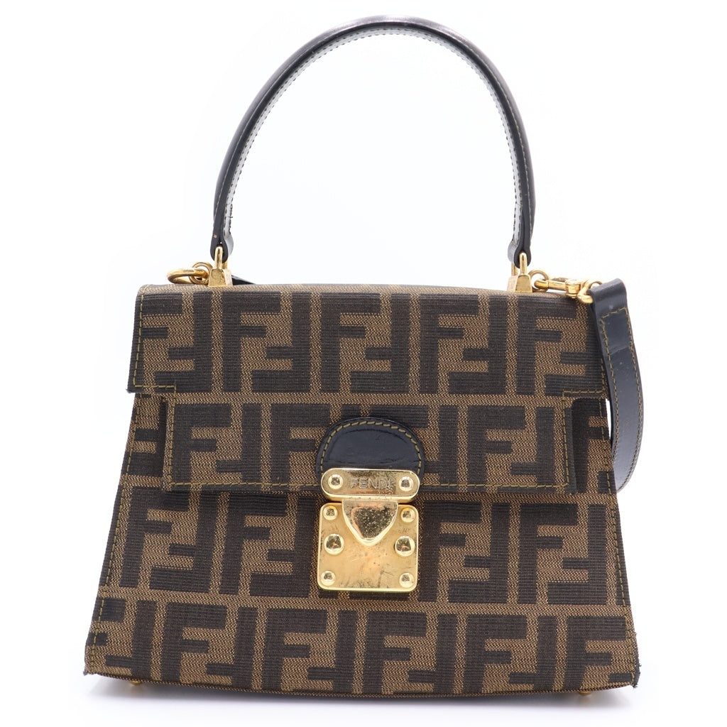 FENDI(フェンディ) ズッカ 2WAYハンドバッグ ショルダーバッグ ブラウン レザー ゴールド金具 レディース