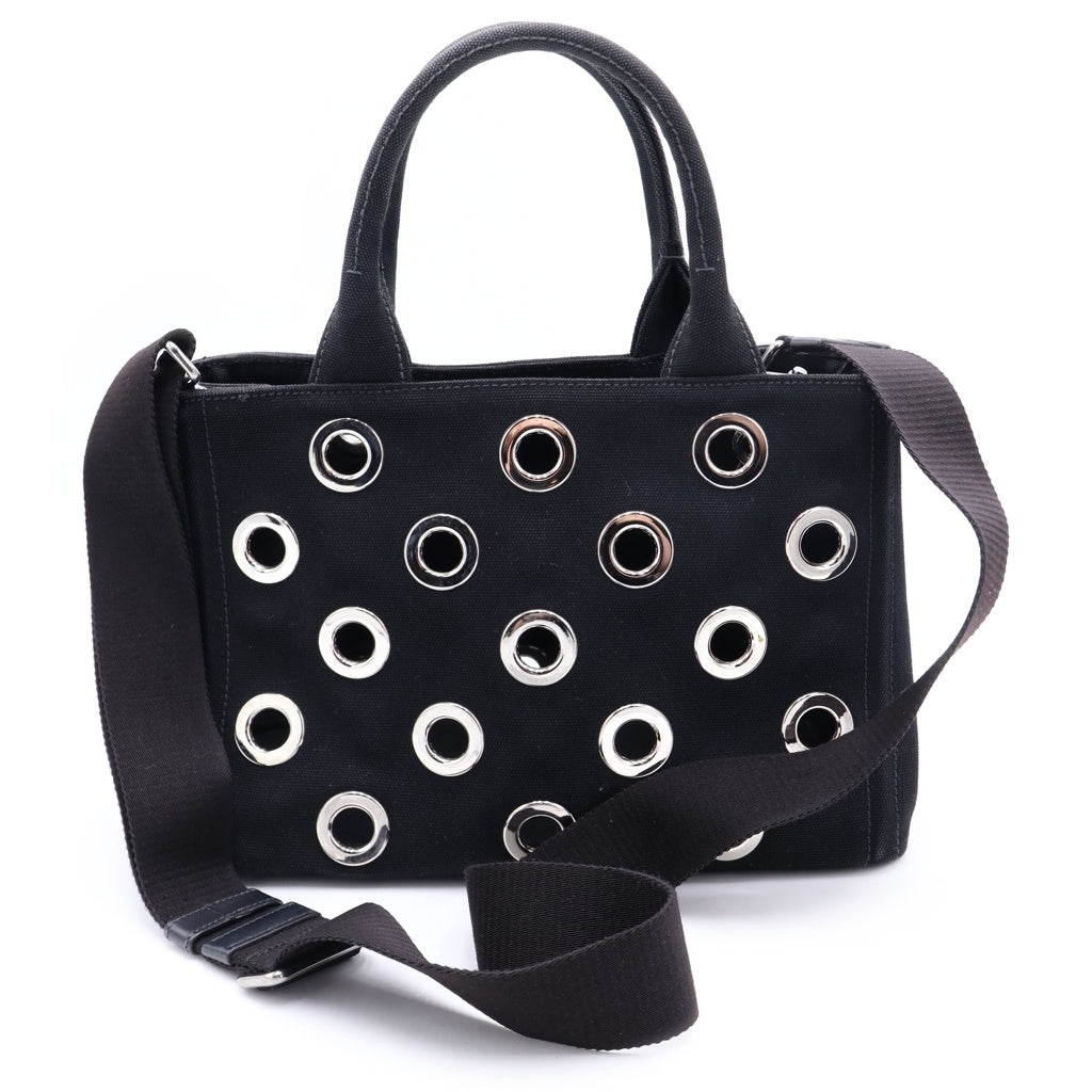 PRADA(プラダ) カナパ パンチング 2WAYハンドバッグ ショルダーバッグ ブラック キャンバス シルバー金具 レディース