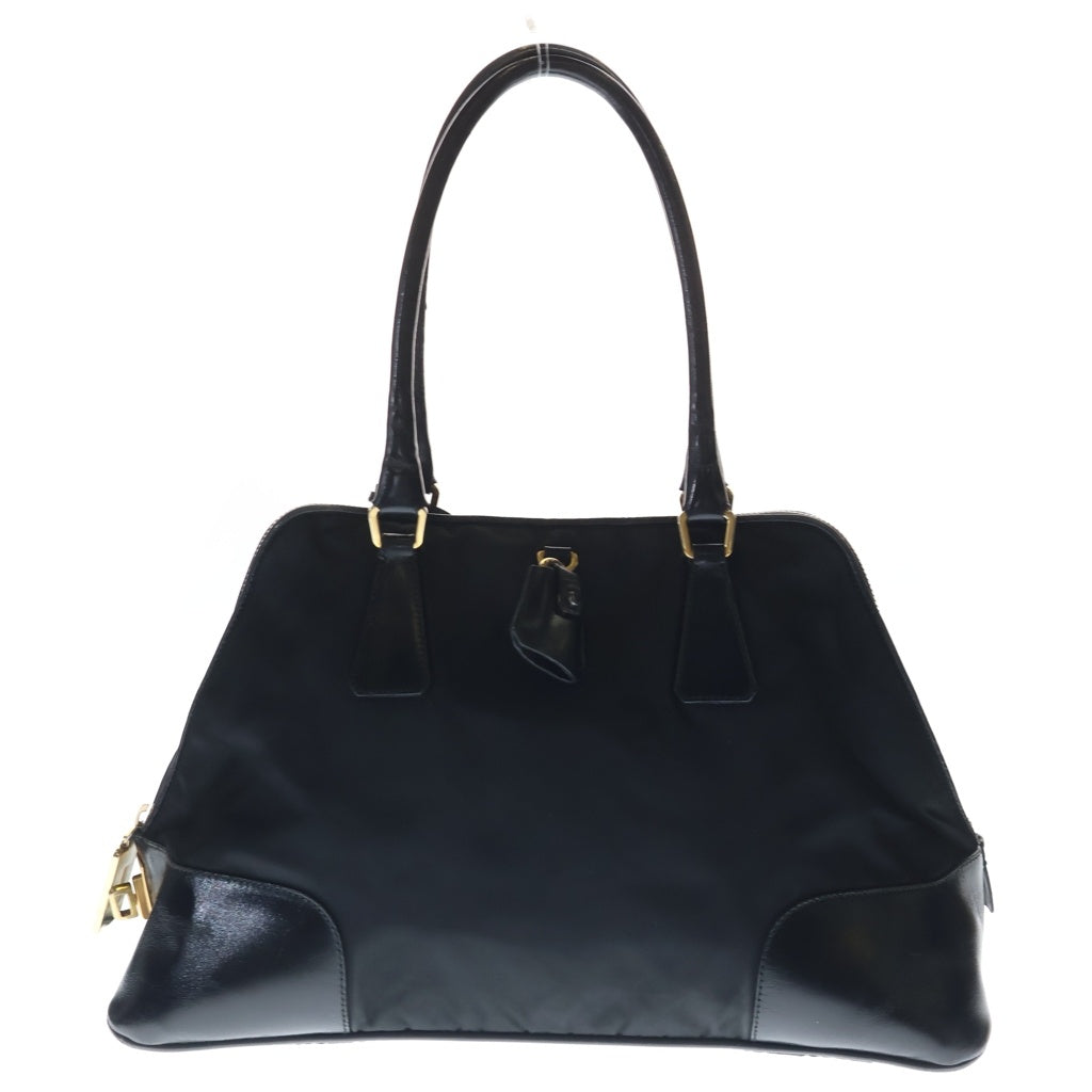 PRADA(プラダ) トライアングルロゴプレート ナイロン レザー ハンドバッグ ゴールド金具 ブラック レディース