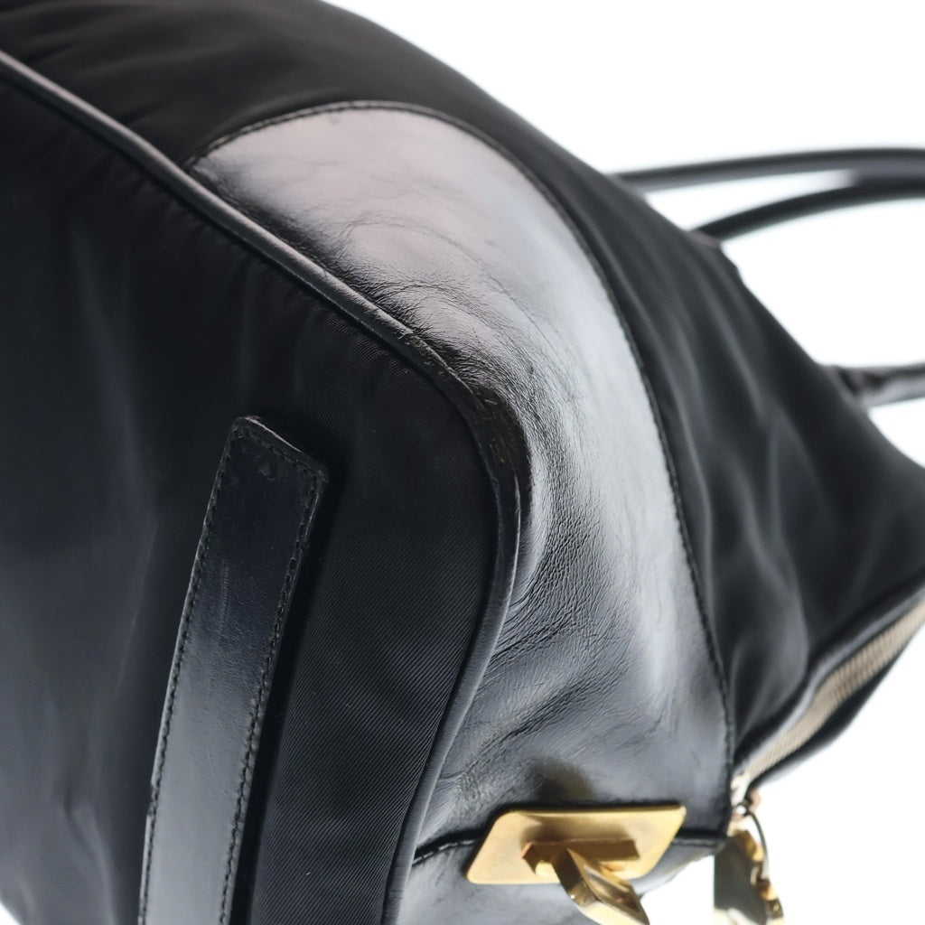 PRADA(プラダ) トライアングルロゴプレート ナイロン レザー ハンドバッグ ゴールド金具 ブラック レディース