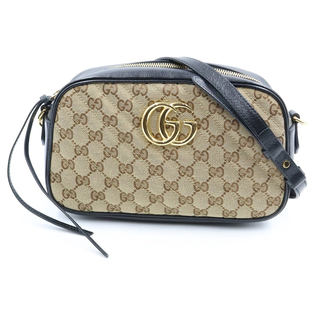 GUCCI(グッチ) GGマーモント キャンバス レザー チェーン ショルダーバッグ ゴールド金具 ベージュ/ブラック 735357 レディース