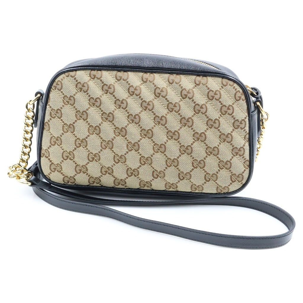 GUCCI(グッチ) GGマーモント キャンバス レザー チェーン ショルダーバッグ ゴールド金具 ベージュ/ブラック 735357 レディース