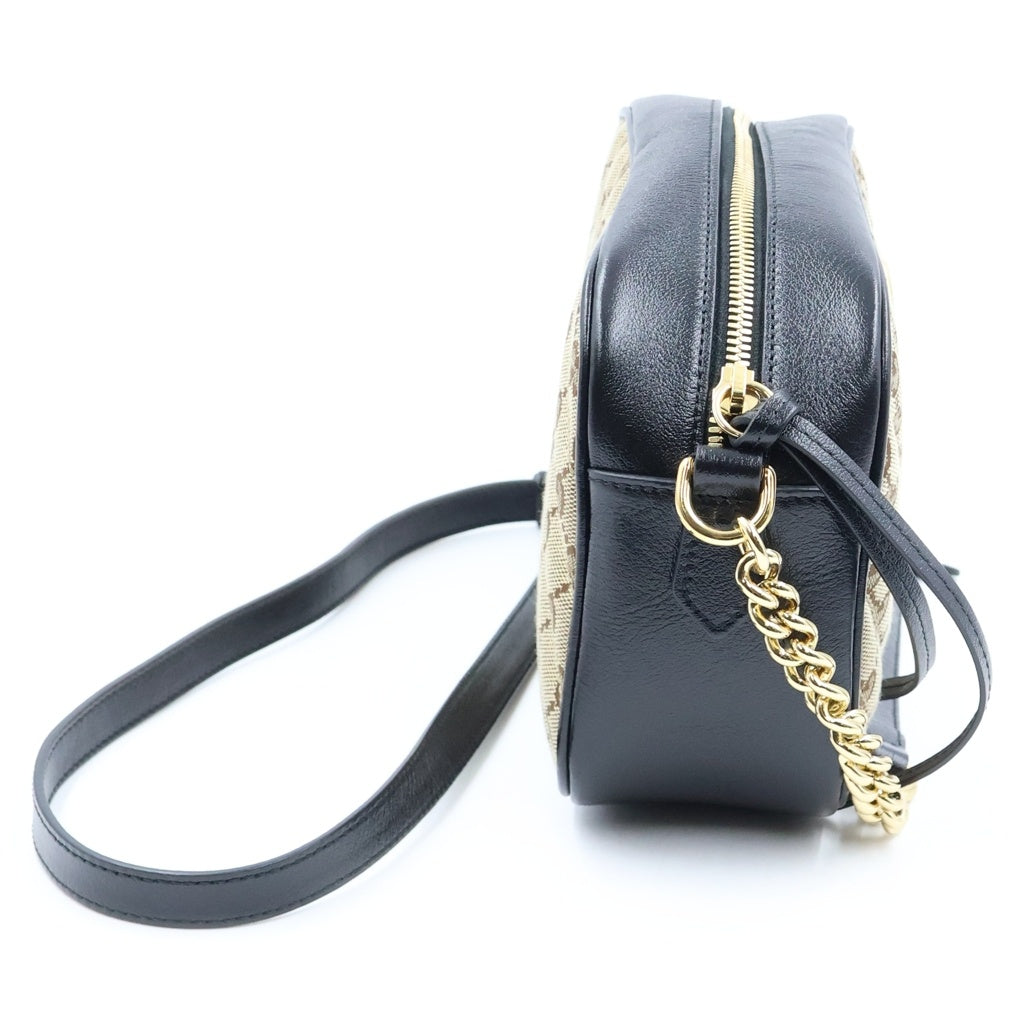 GUCCI(グッチ) GGマーモント キャンバス レザー チェーン ショルダーバッグ ゴールド金具 ベージュ/ブラック 735357 レディース