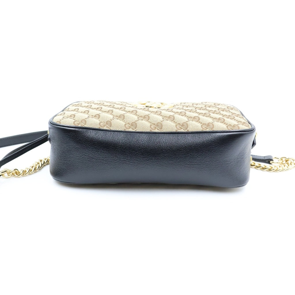 GUCCI(グッチ) GGマーモント キャンバス レザー チェーン ショルダーバッグ ゴールド金具 ベージュ/ブラック 735357 レディース