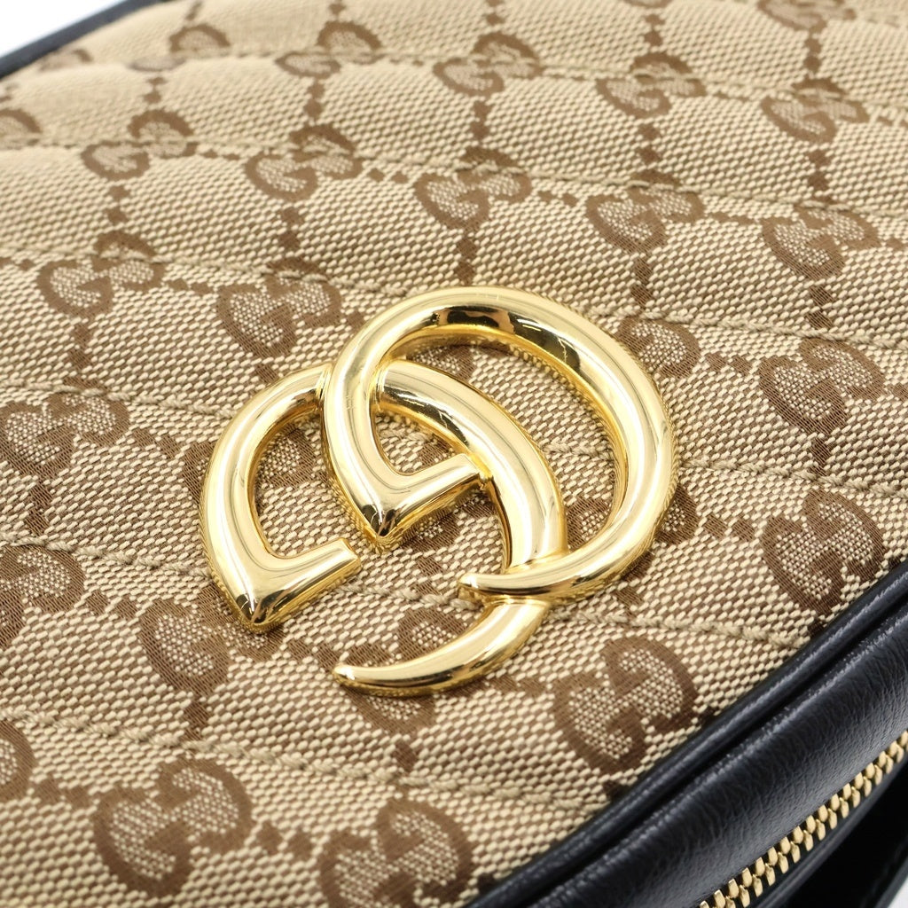 GUCCI(グッチ) GGマーモント キャンバス レザー チェーン ショルダーバッグ ゴールド金具 ベージュ/ブラック 735357 レディース