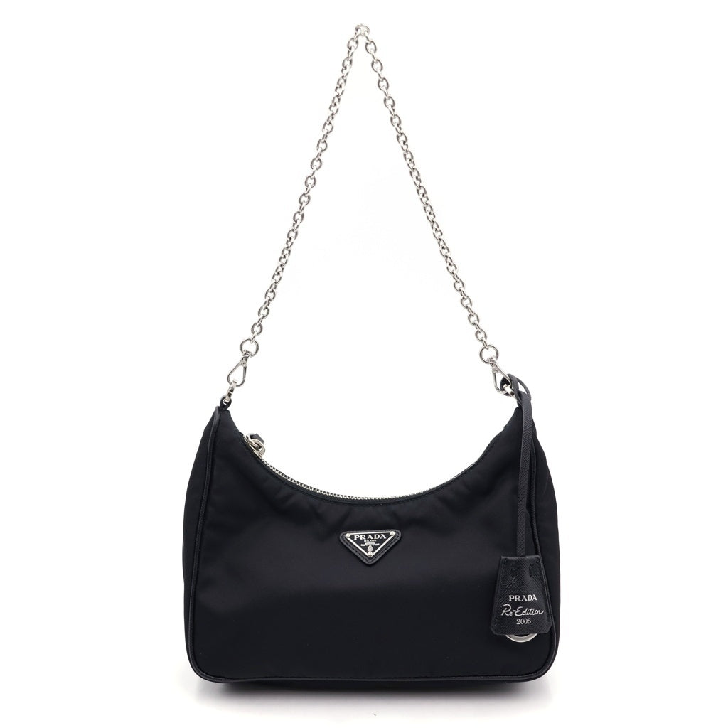 PRADA(プラダ) リナイロン ショルダーバッグ チェーンハンドバッグ ブラック ナイロン IBH204 シルバー金具 レディース