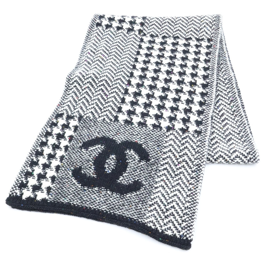 CHANEL(シャネル) Cashmere Stallココマーク 千鳥柄カシミヤストール マフラー ロゴ ブラック/ホワイト レディース