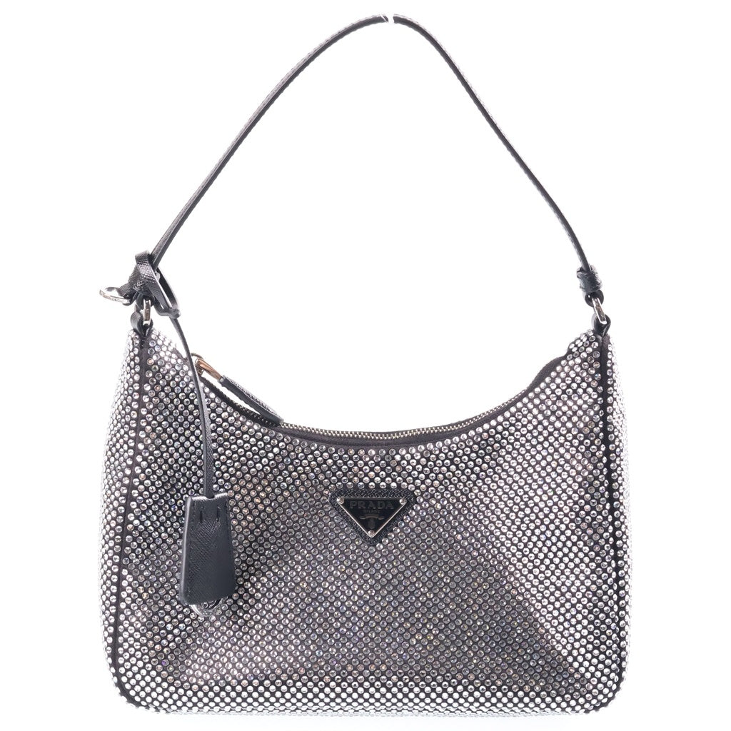 PRADA(プラダ) Re-Edition 2005 クリスタル ラインストーン トライアングルロゴプレート サテン レザー ワンショルダーバッグ ブラック/シルバー 1BC204 レディース