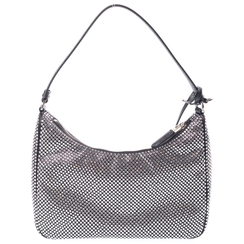 PRADA(プラダ) Re-Edition 2005 クリスタル ラインストーン トライアングルロゴプレート サテン レザー ワンショルダーバッグ ブラック/シルバー 1BC204 レディース