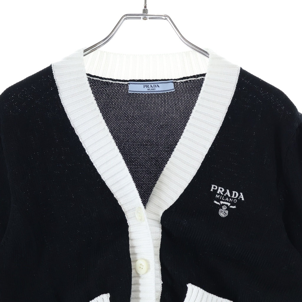 PRADA(プラダ) クロップド プレーン ニット カーディガン コットン ブラック/ホワイト P25104 レディース