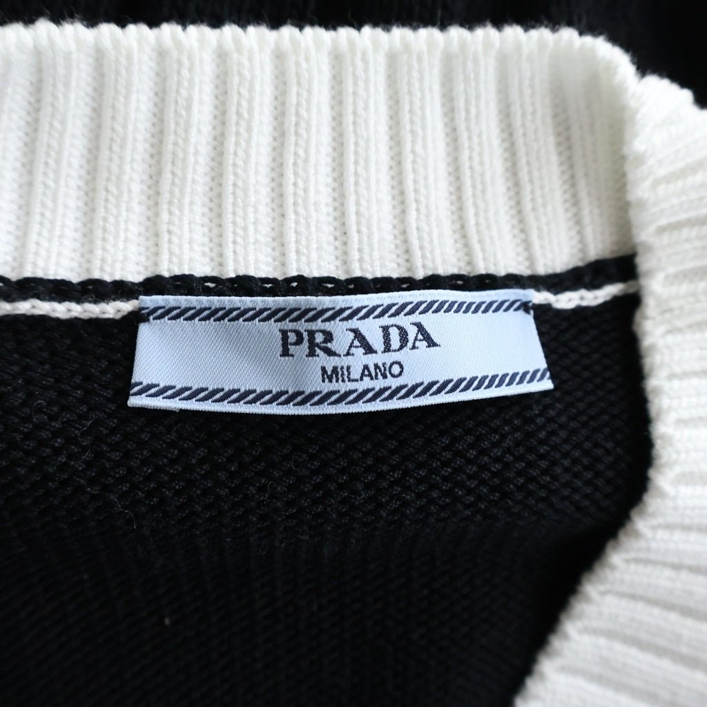 PRADA(プラダ) クロップド プレーン ニット カーディガン コットン ブラック/ホワイト P25104 レディース