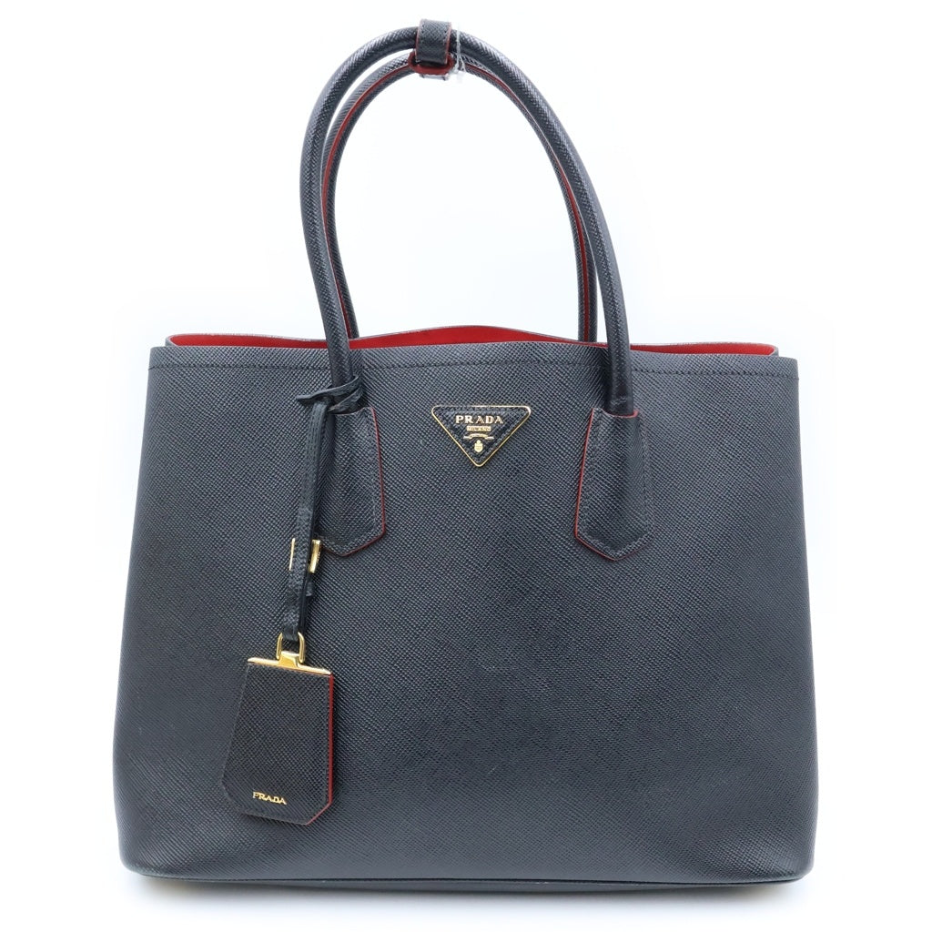 PRADA(プラダ) サフィアーノ キュイール トライアングルロゴプレート レザー 2WAY ハンド ショルダー トートバッグ ゴールド金具 ブラック B2756T レディース