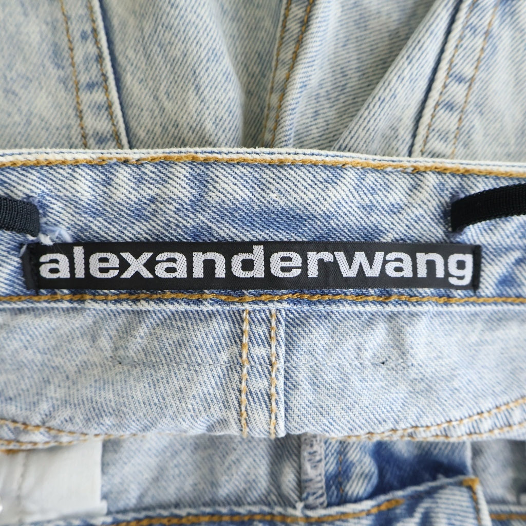 ALEXANDER WANG(アレキサンダーワン) ストラップロゴ ラインストーン カットオフ デニム ハーフ ショート パンツ ショーツ インディゴ レディース 4DC1224068